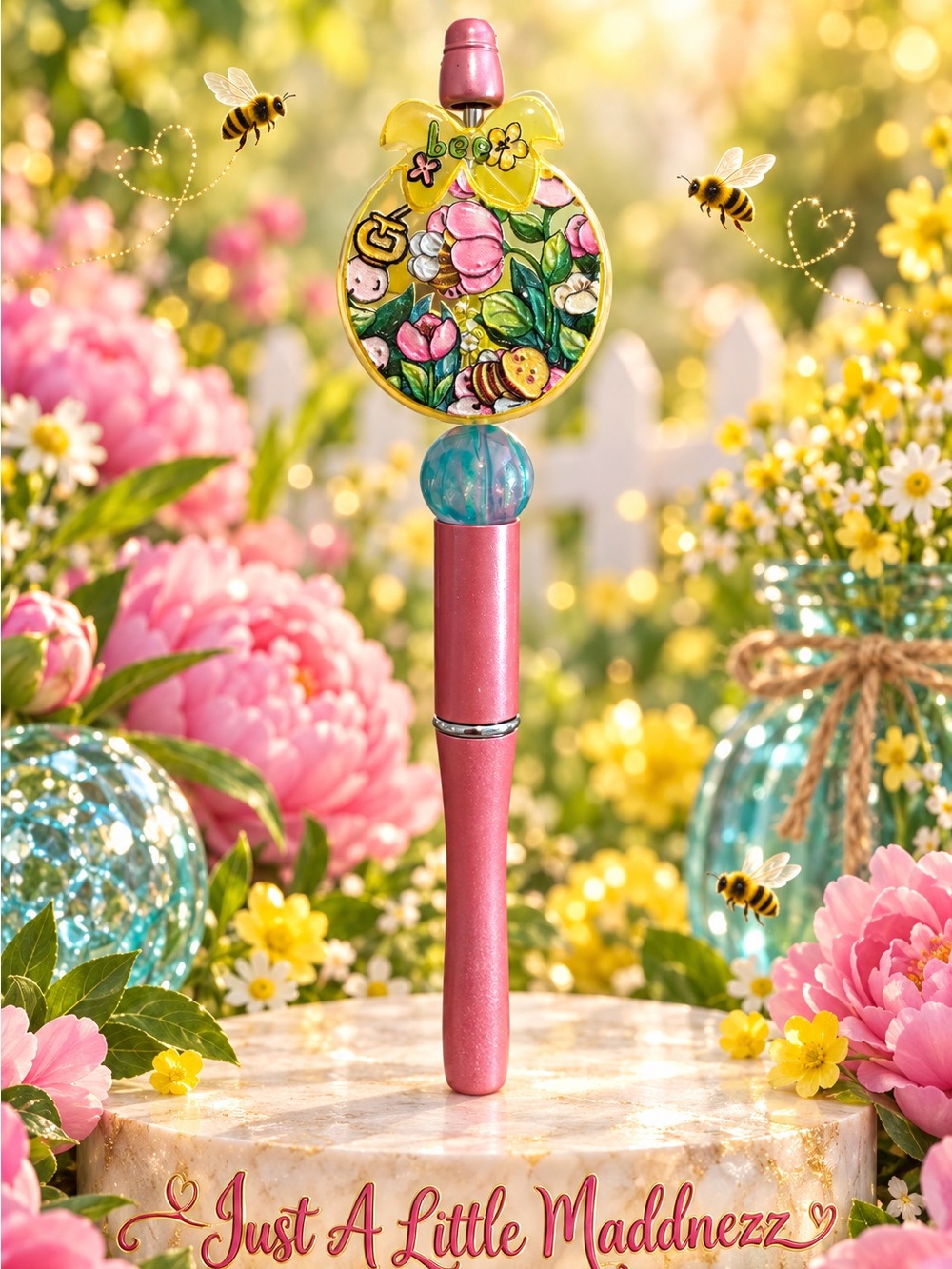 Pink Bee Garden Decorative Pen with Floral Charm